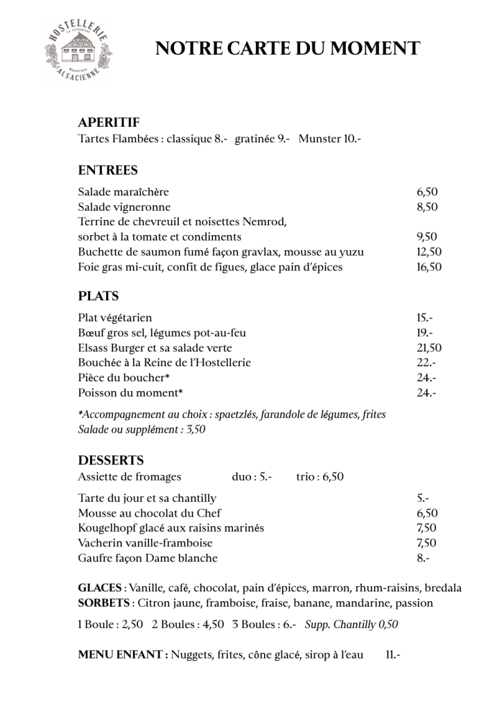 Carte avril 2025 restaurant alsacien masevaux
