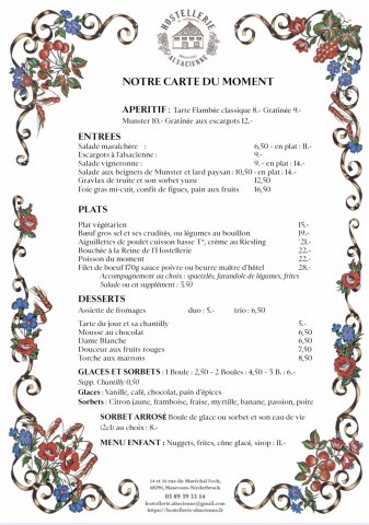 carte du moment de l'Hostellerie Alsacienne